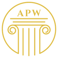 The logo for apw is a circle with a pillar in the middle, representing Accreditation Program of Wicca.