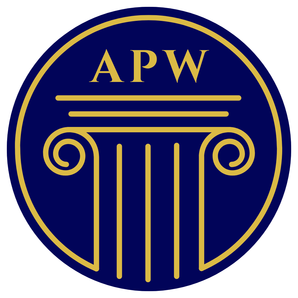 A blue circle with a gold pillar and the word apw on it, representing Accreditation Program of Wicca.