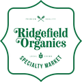 The logo for ridgefield organics is a specialty market.
