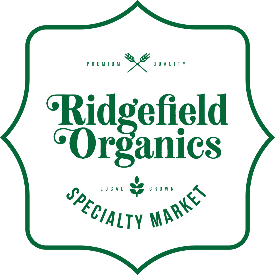 The logo for ridgefield organics is a specialty market.