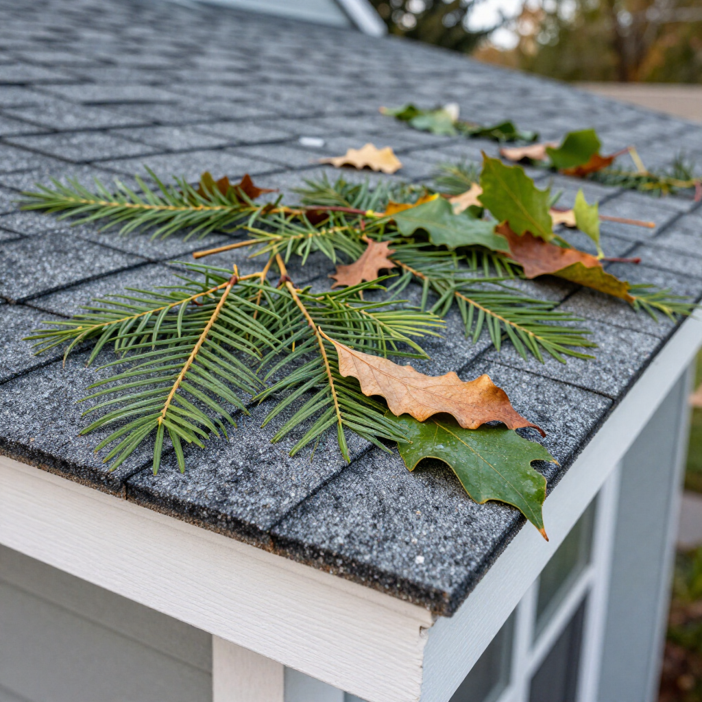 Leaves and pine needles scattered on a gray shingled roof edge