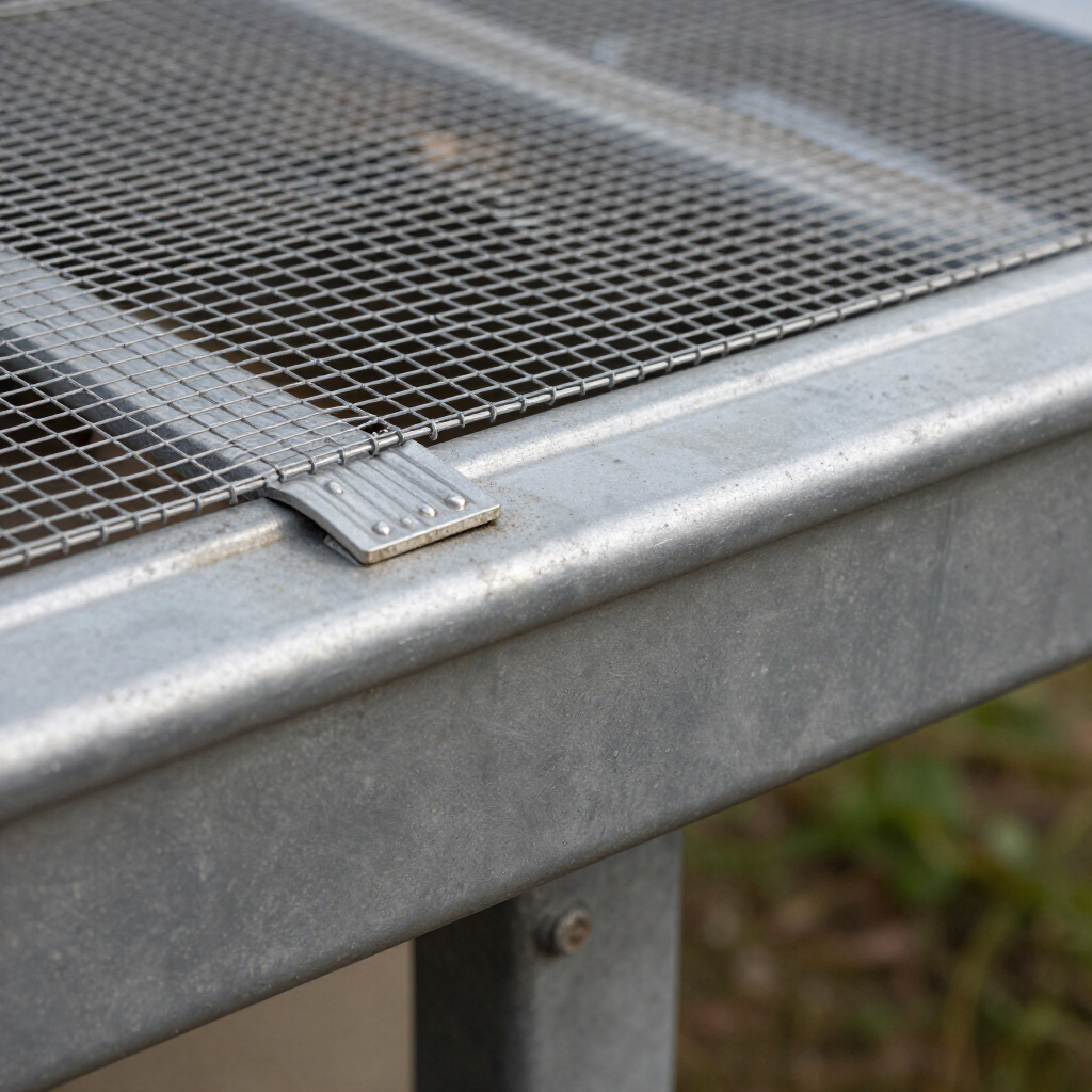 Close-up of a metal mesh platform edge with a bracket and galvanized support frame