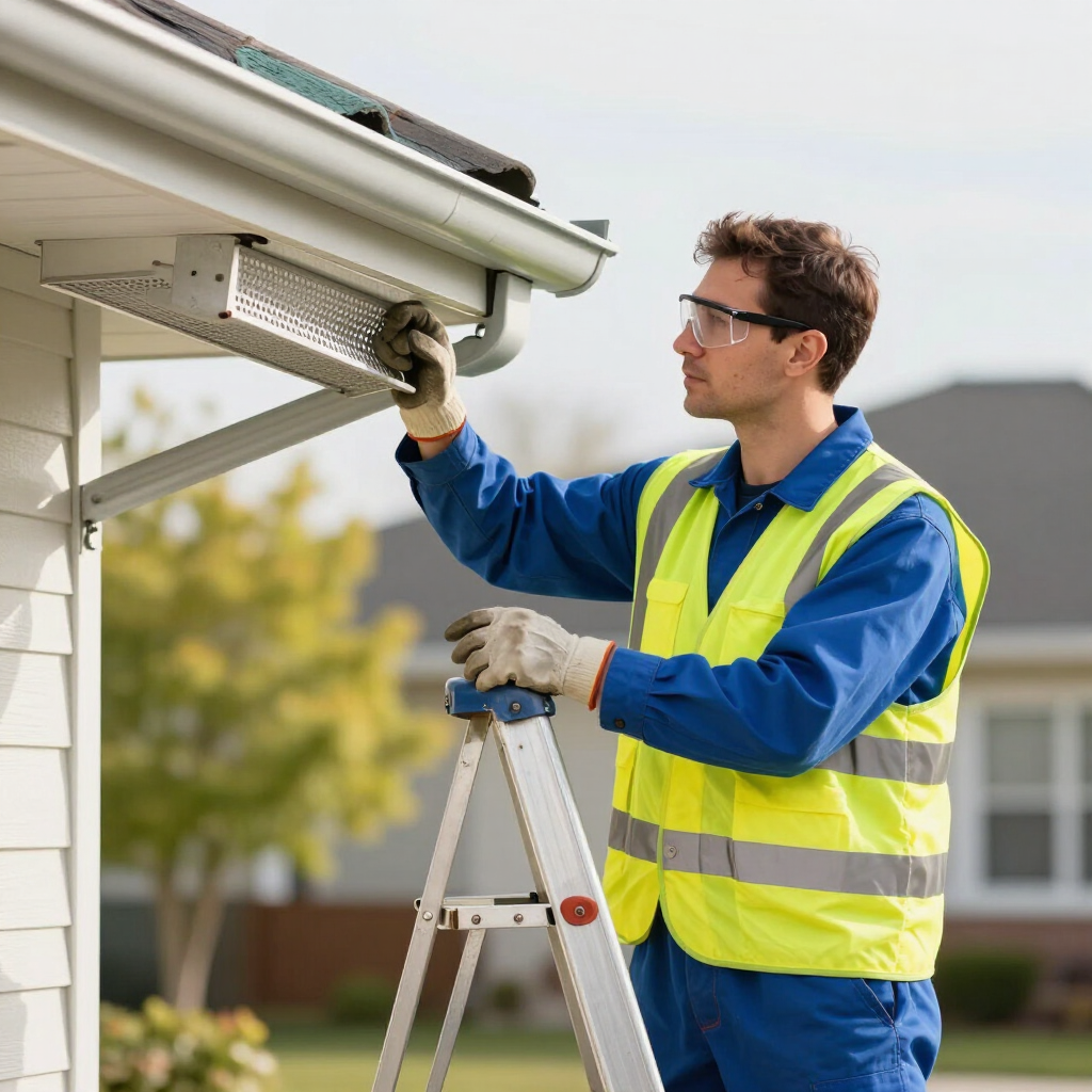 Worker on a ladder inspecting and cleaning a gutter on a house roof, wearing a safety vest and gloves