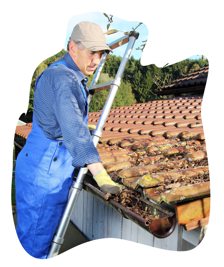 Person in blue overalls cleaning a tiled roof with a ladder nearby