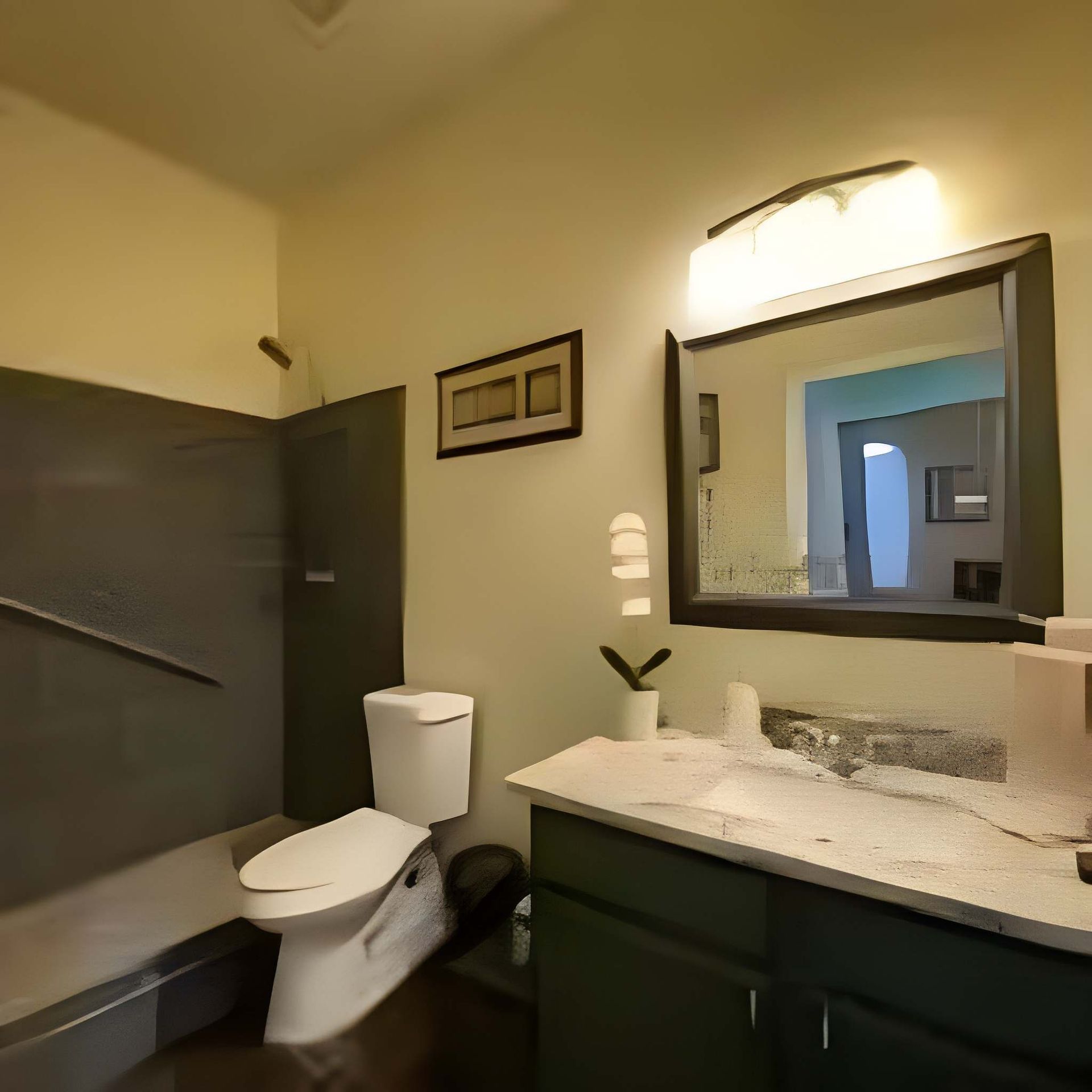 Small bathroom with dark vanity, granite countertop, toilet, tiled shower, and mirror light.