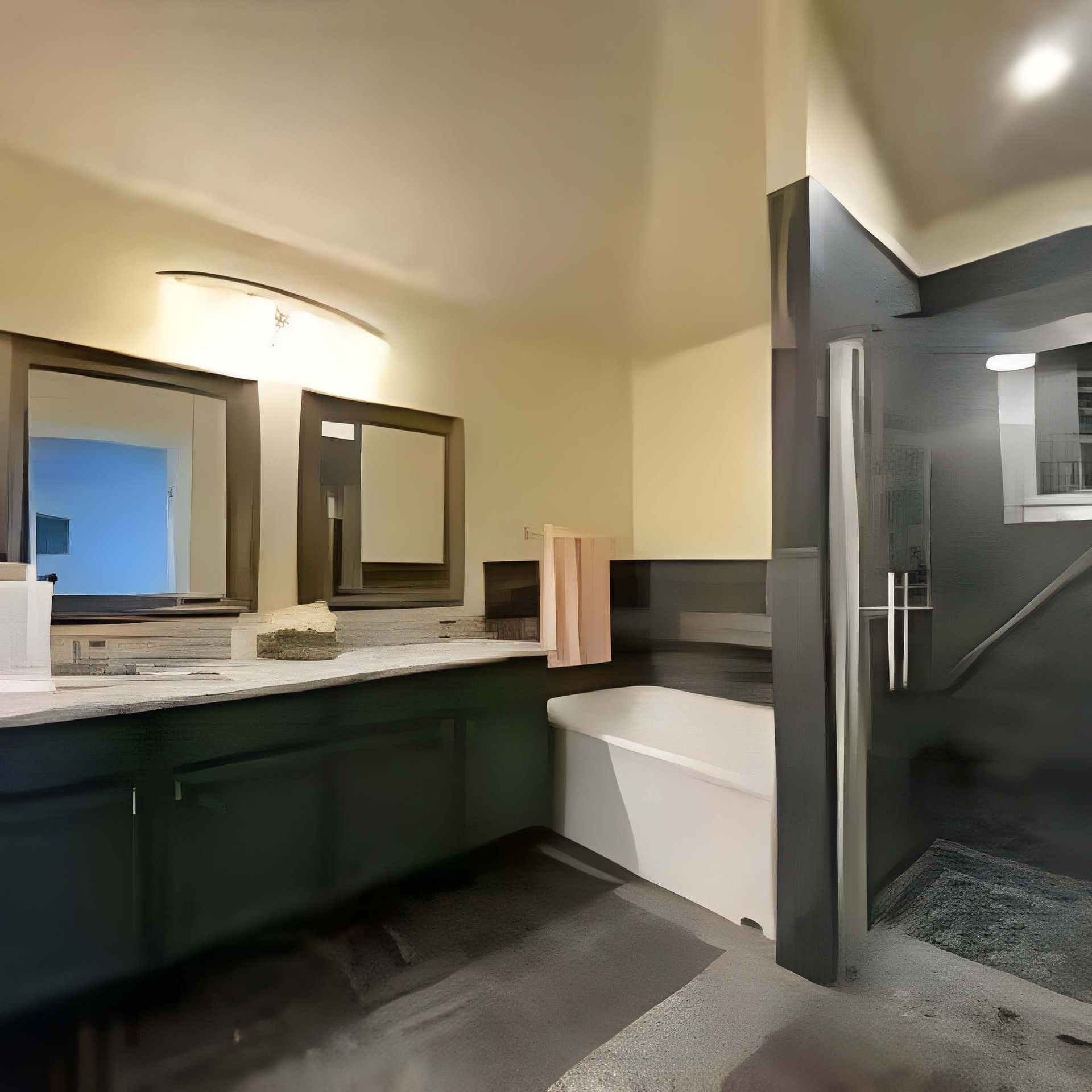 Modern bathroom with dark green vanity, wall mirror, white tub, and glass-enclosed shower.