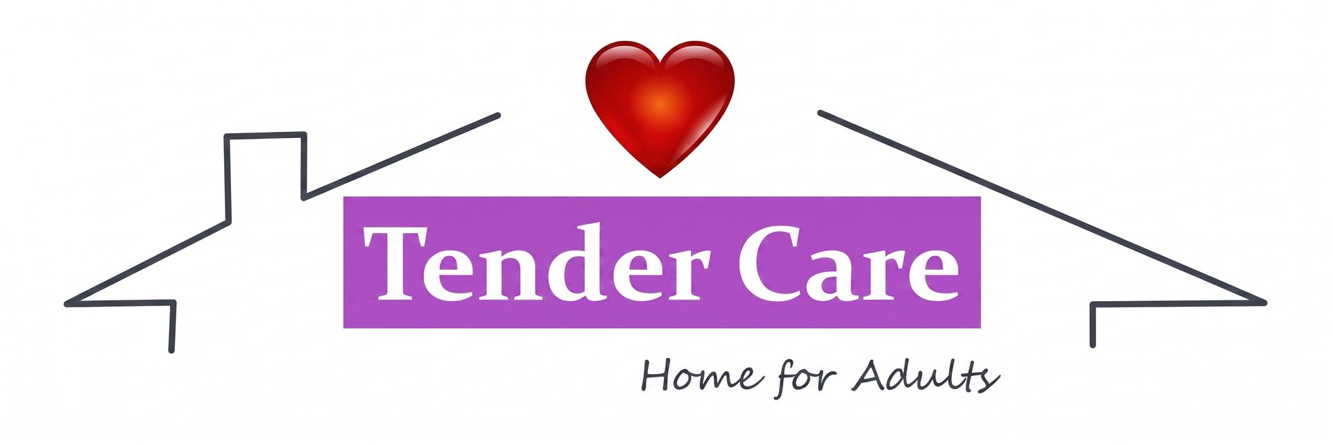Tender Care logo with red heart and purple banner, Home for Adults text inside a house outline