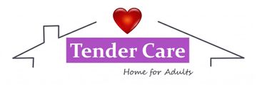 Tender Care logo with red heart and purple banner, Home for Adults text inside a house outline