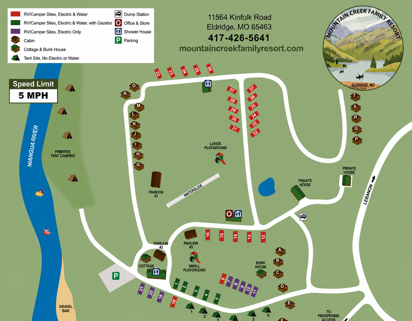 A map of a campground with a river in the background