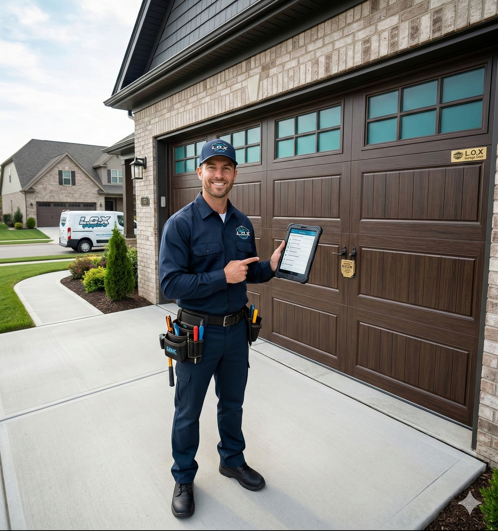 Garage door technician points to a tablet, standing in front of a garage door in a neighborhood.