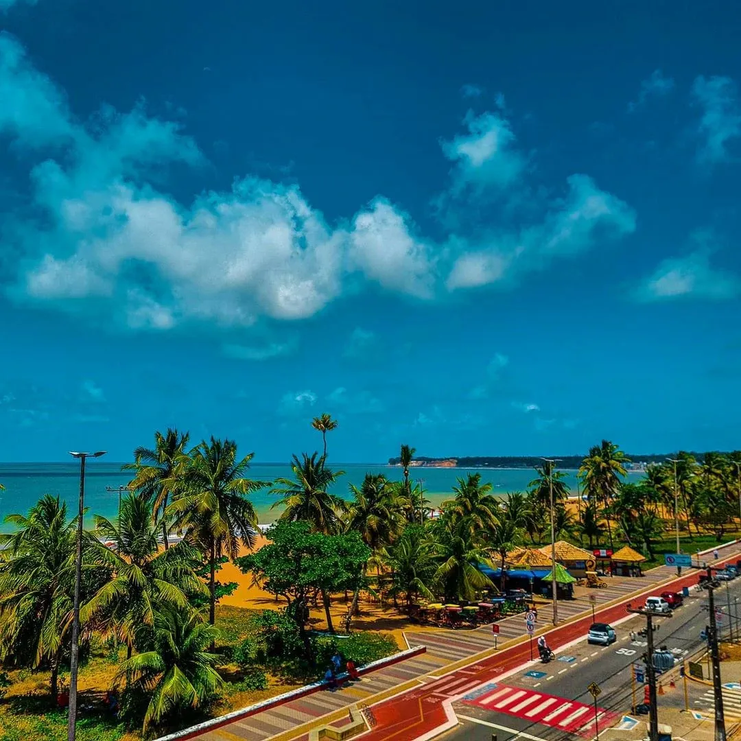 Estrada litorânea tropical com palmeiras, água turquesa e um céu azul brilhante.