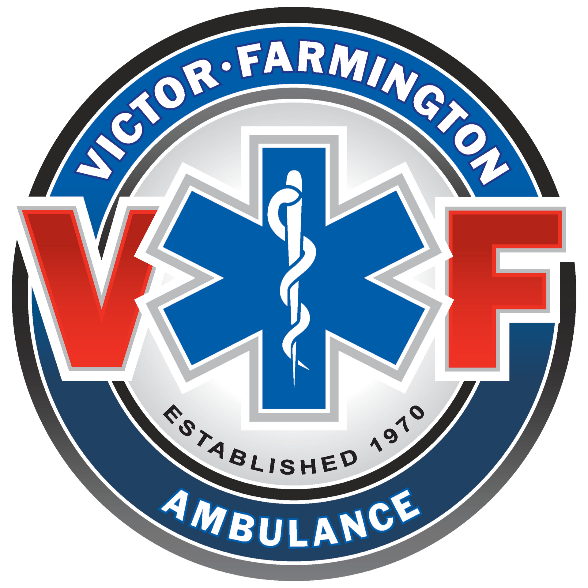 Victor-Farmington Ambulance logo with blue Star of Life, red initials, and “Established 1970” text