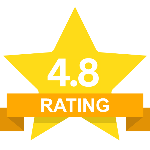 Yellow star with a 4.8 rating, on an orange banner that reads