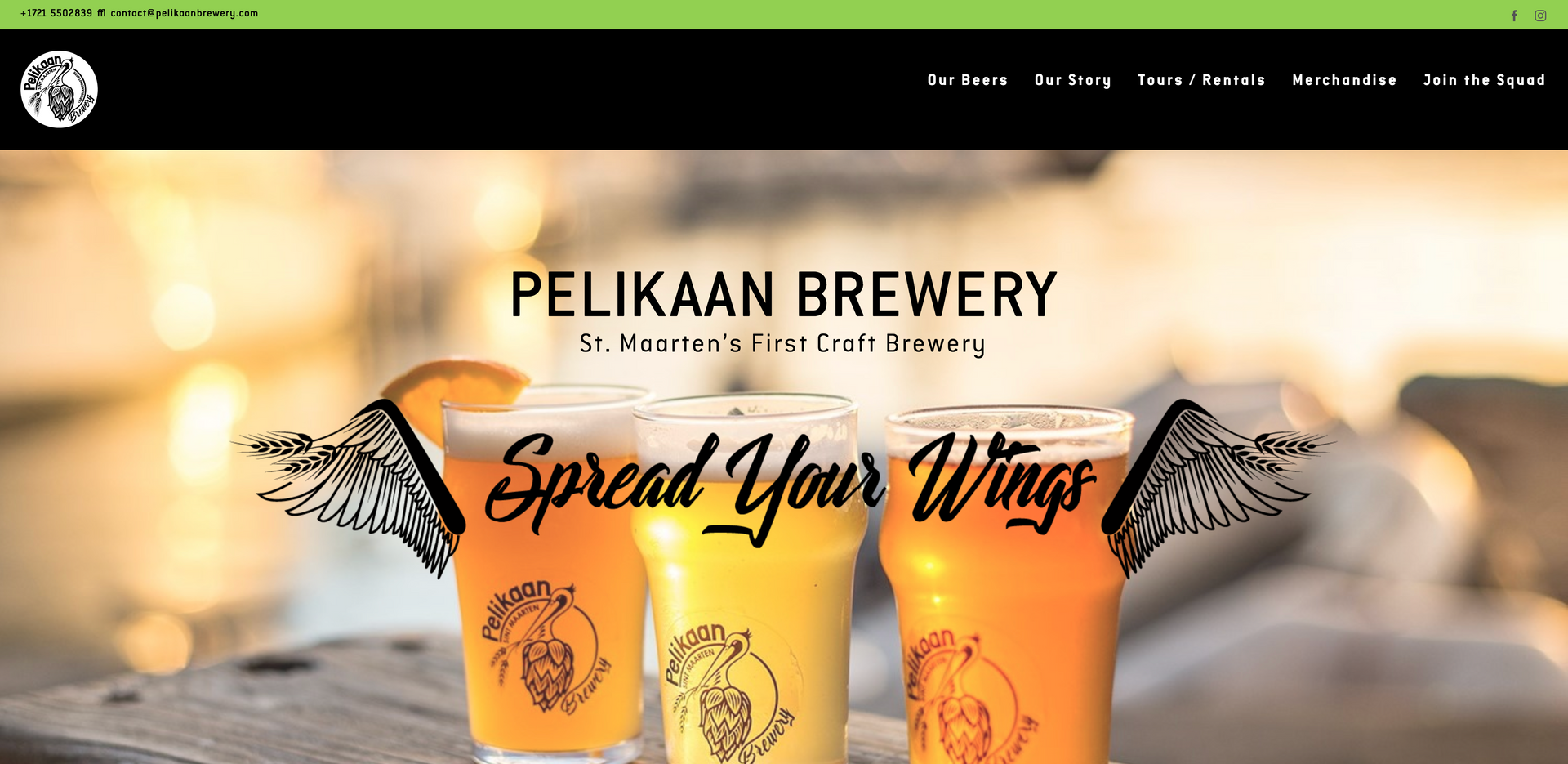 Website header for Pelikaan Brewery featuring glasses of beer with angel wings and text 