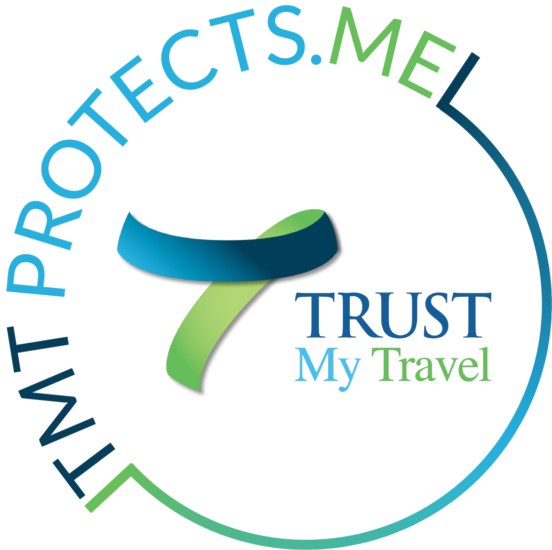 Logo for Trust My Travel, a travel insurance company. Features