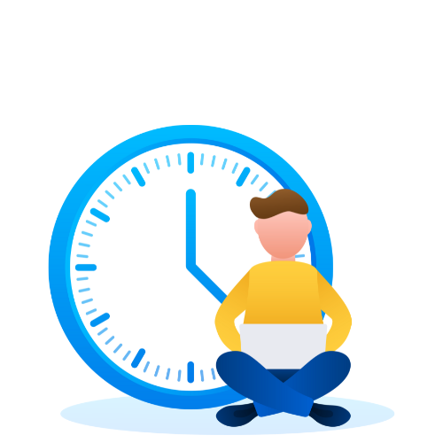 Person working on laptop in front of a blue clock.