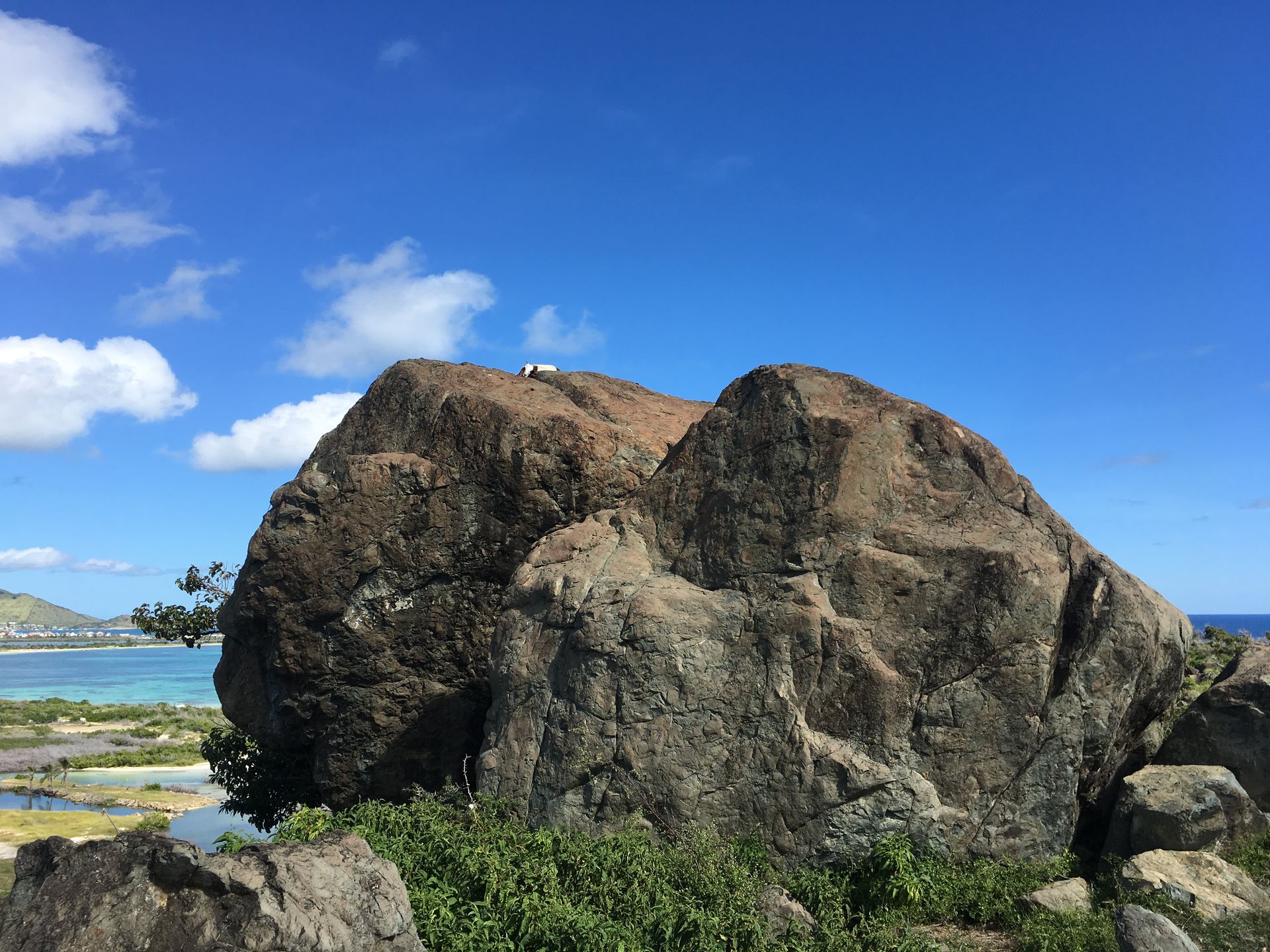Large, textured rock under blue sky with some green foliage and a body of water in the distance.