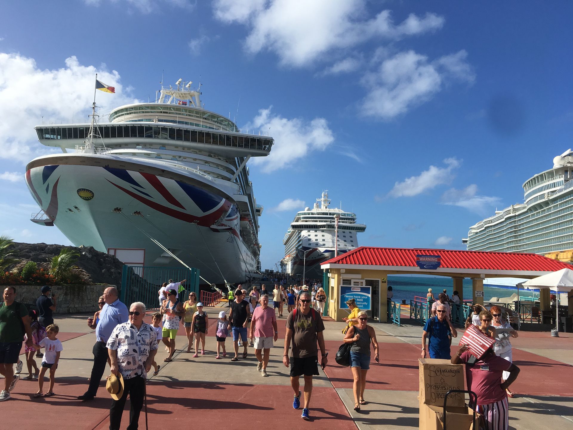 Cruise ships docked at a port, people walking around on a sunny day.