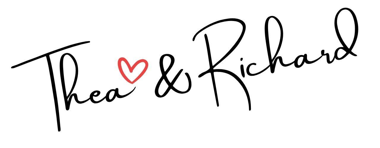 Thea & Richard in black script with a small red heart between the names.
