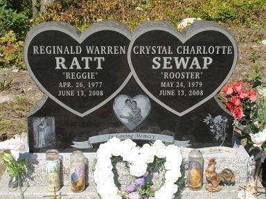 Two engraved headstones with flowers and candles at a memorial site