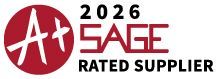 2026 SAGE Rated Supplier logo with red A+ emblem and gray text