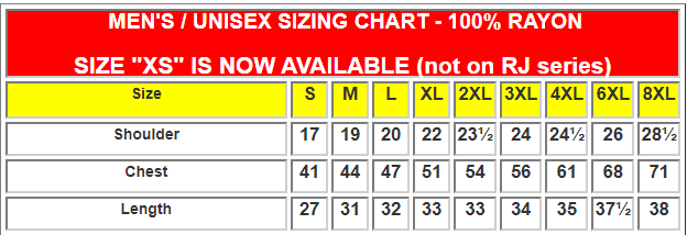 Men’s/unisex sizing chart for 100% rayon, red and yellow table with sizes S to 6XL
