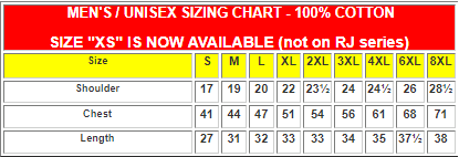 Men's/unisex sizing chart for 100% cotton tees with shoulder, chest, and length measurements.