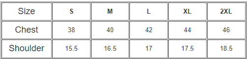 Size chart table for S to 2XL with chest and shoulder measurements