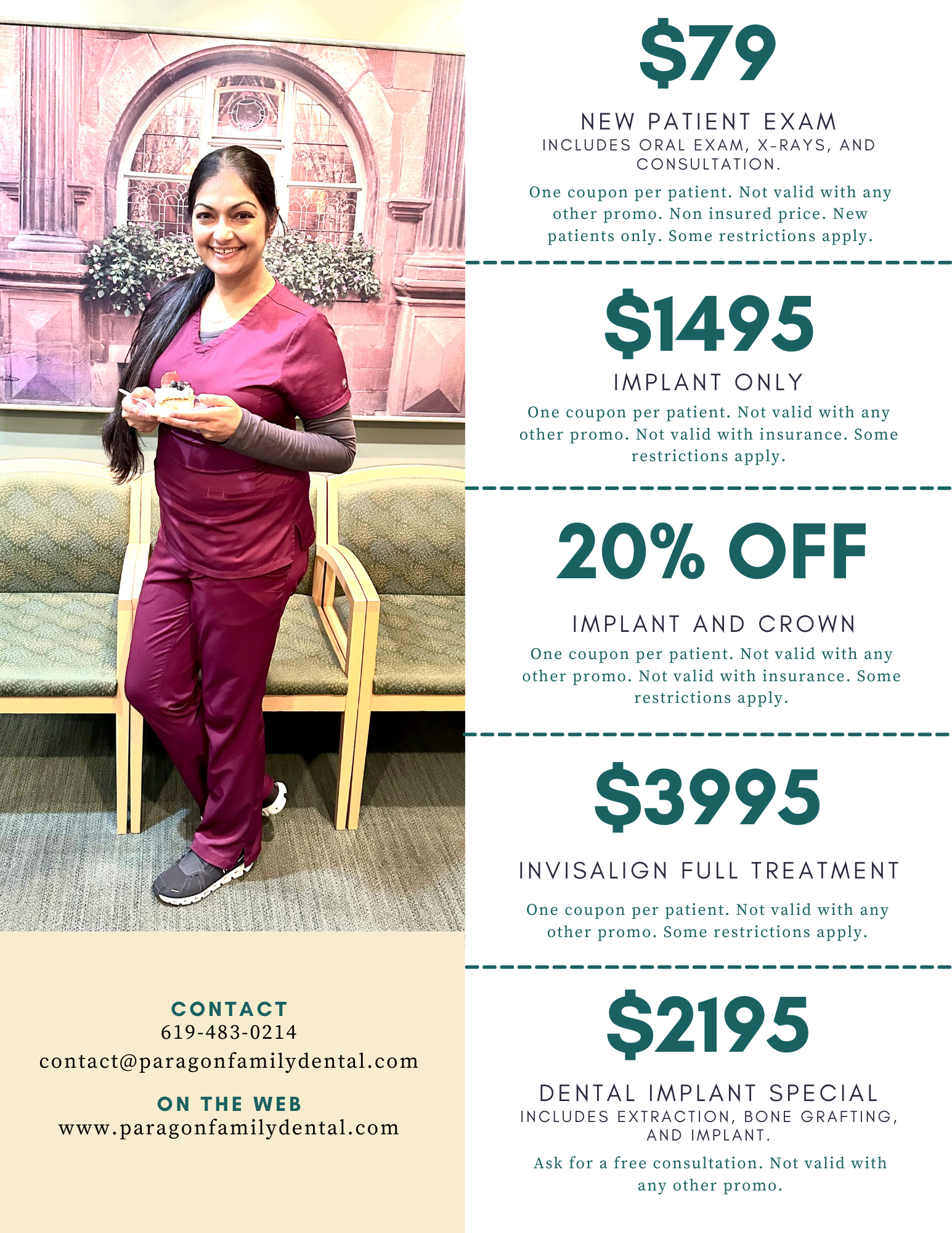 Woman in scrubs with specials: $79 exam, $1495 filler, 20% off services, and $3595 hair treatment.