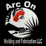 Arc On Welding and Fabrication LLC logo with red welding helmet, white sparks, and black background