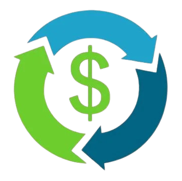 A green and blue circle with arrows around a dollar sign.