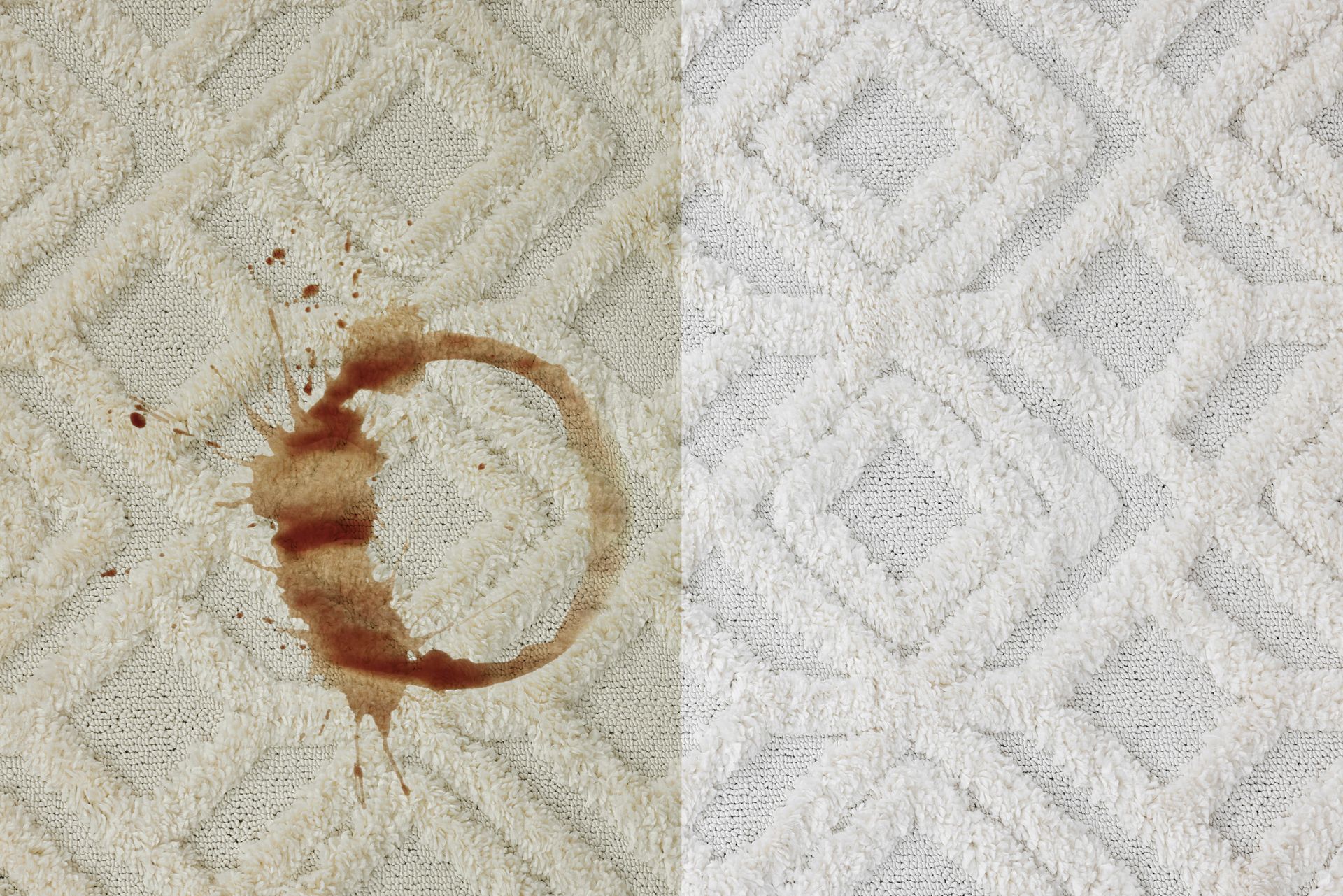 A before and after picture of a coffee stain on a carpet.