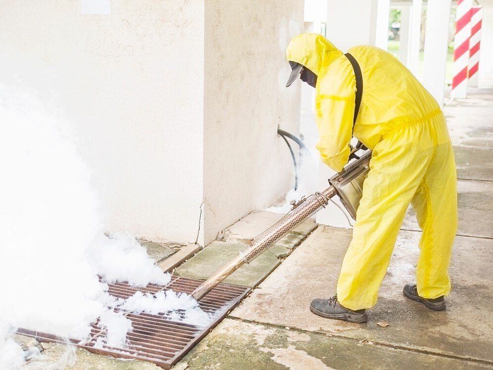 A man in a yellow protective suit is spraying a drain with a sprayer.