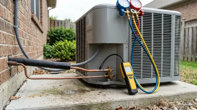 Open HVAC unit with exposed blower, wiring, and metal ductwork in a utility room