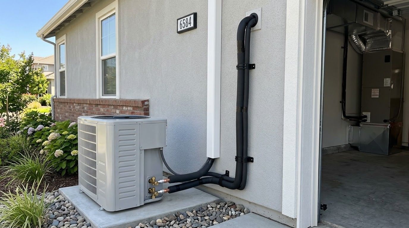 Exterior view of a house with a gray HVAC unit beside an open garage and black utility piping on the wall