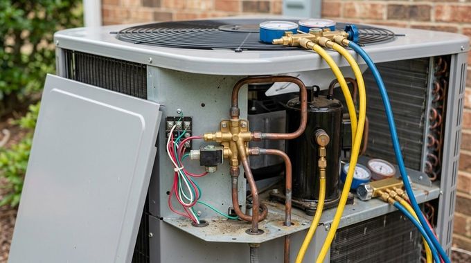 Open HVAC unit with exposed copper pipes and yellow service hoses connected to the compressor.