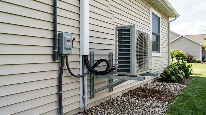 Outdoor HVAC unit mounted beside a house with electrical panel and coiled black cable