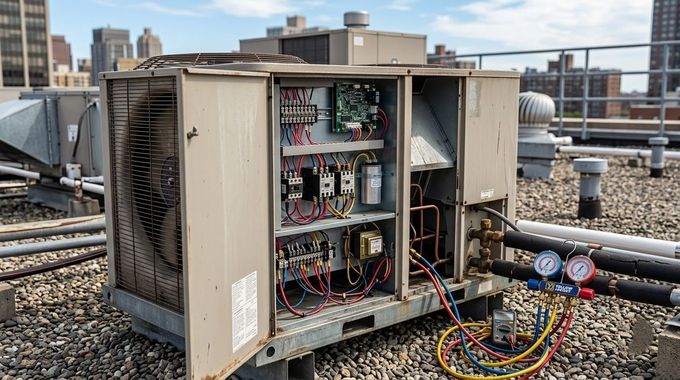 Open rooftop HVAC electrical cabinet with exposed wiring, gauges, and rooftop buildings in the background