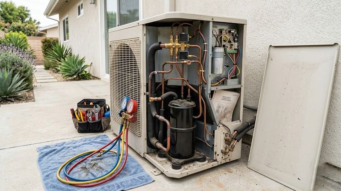 Open HVAC unit with exposed components and colorful hoses on a driveway beside a house.