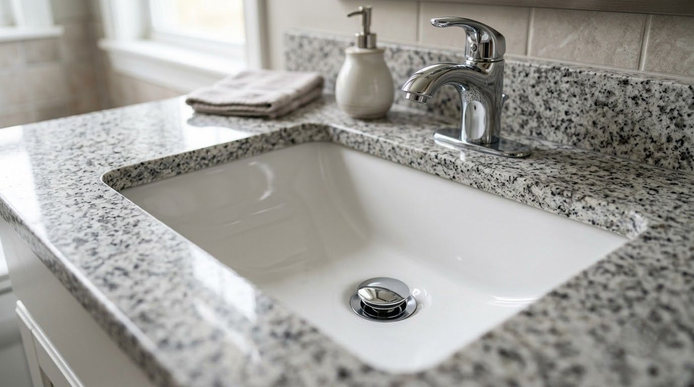 Modern bathroom sink with speckled granite countertop and chrome faucet near a folded towel