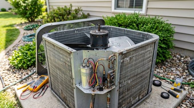 Damaged outdoor air conditioner condenser with exposed wiring beside a house and garden tools