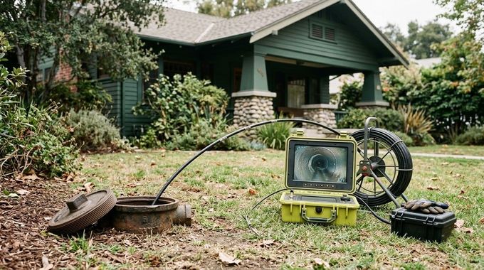 Yellow utility box and cable reel on a lawn in front of a green house, with a shovel nearby.