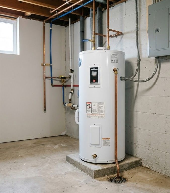 White water heater in a basement utility room with exposed pipes and a concrete floor