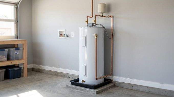 Water heater on a black tray in a utility room with gray walls and a workbench