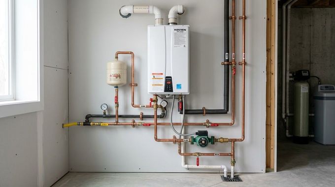 Utility room with wall-mounted boiler, pipes, and a water heater in a white interior.