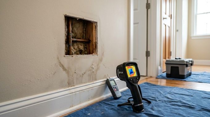 Damaged wall with exposed opening; handheld inspection camera on blue tarp in a hallway