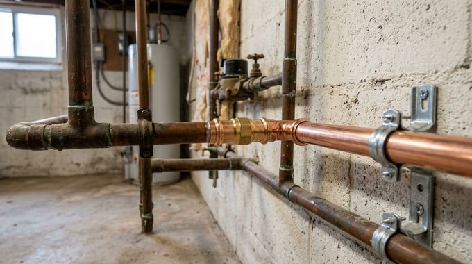 Copper and rusted pipes running along a basement wall, with a valve and brackets visible.