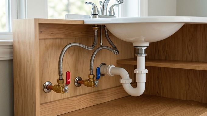Under-sink plumbing with copper pipes and a white drain trap inside a wooden cabinet