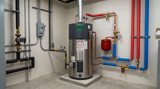 Commercial utility room with water heater, pipes, valves, and expansion tank against cinderblock walls