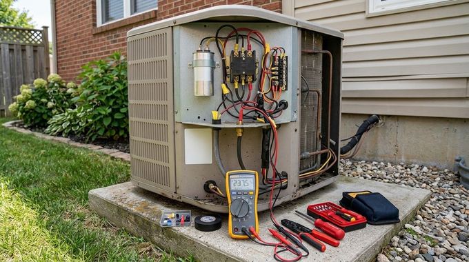 Open HVAC unit with exposed wires and tools beside it outside a house